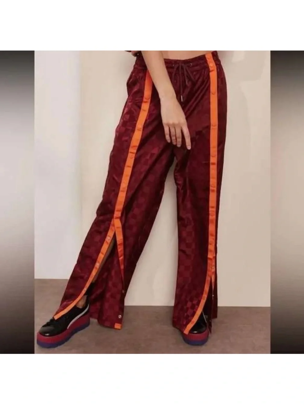 Puma Fenty Burgundy Checker-Panel Tearaway Pants with Orange Stripes Sz XS